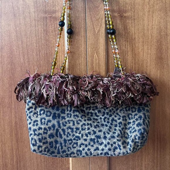 Brown and Burgundy Leopard Print Beaded Bag w Fringe Detail 🐆 - Picture 1 of 3